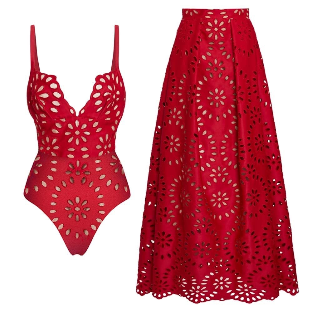 Red Cut-Out Monokini with Skirt Set